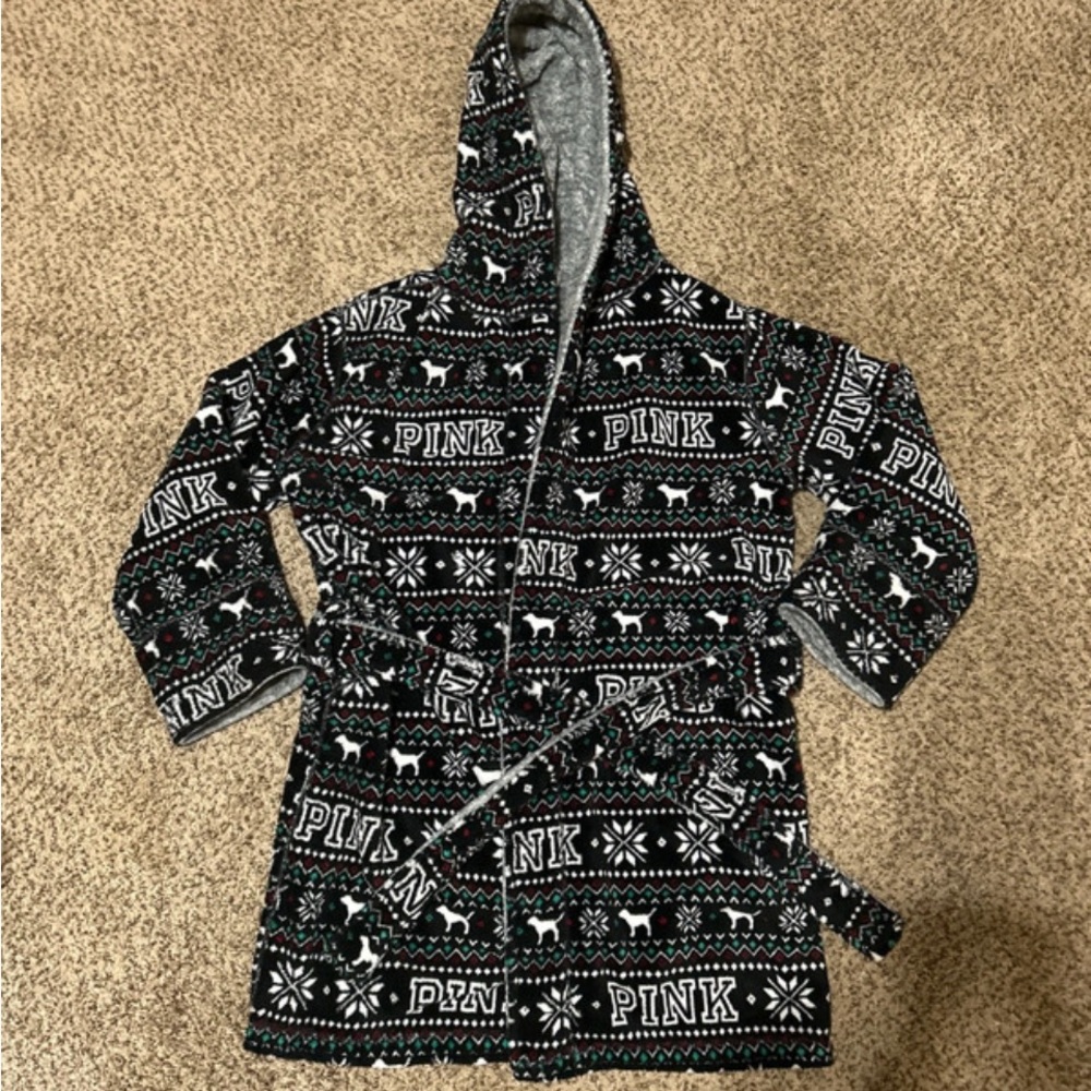 PINK Victoria's Secret Festive Black and White Hooded Robe